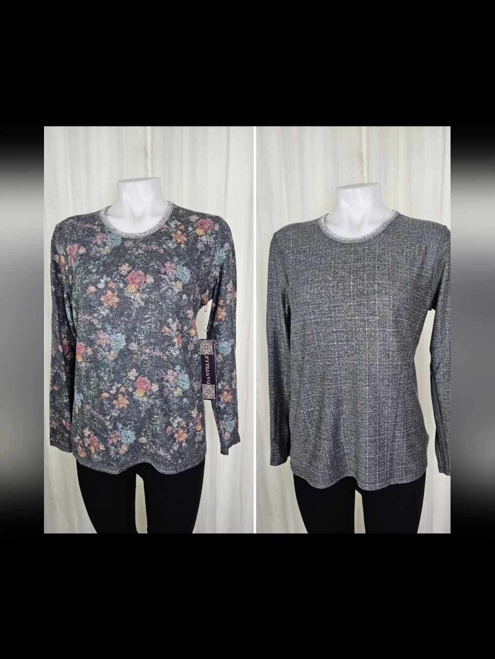 Dantelle Reversible Yummy Floral / Slate Gray Long Sleeve Plush Crewneck Tee Med